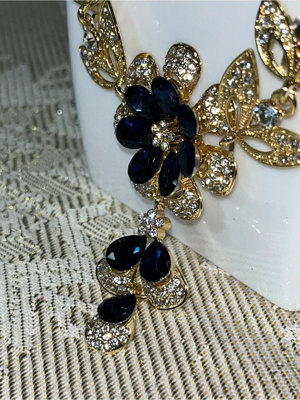 Floral Statement Necklace & Earring Set / Dark Blue & White Rhinestones NEW